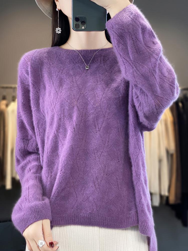 2023 Women's Long Sleeve Wool Knit Pullover - Loose Fit, Round Neck, Solid Color, Autumn/Winter Jacquard Style