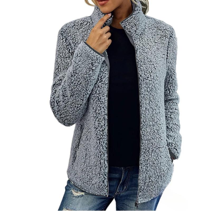 Autumn Women Solid Fleece Jackets Casual Fashion Stand Collar Coat Long Sleeve Zipper Outerwear Clothes