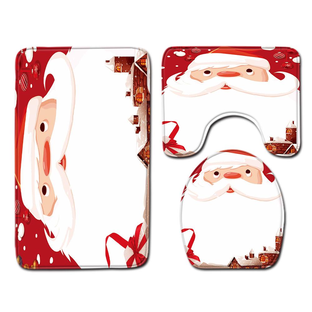 Christmas Shower Curtain Floor Mat Combination Four-Piece Set Bathroom Toilet Carpet Shower Room Mat Foot Mat