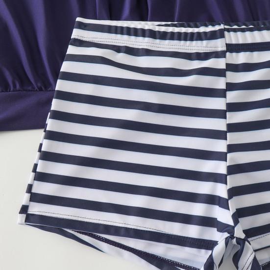 2 Pcs/Set Women Swimsuit Striped Vest with Chest Pads Elastic Waist Shorts Set Hot Spring Bathing Suit Quick-Drying Summer Beachwear