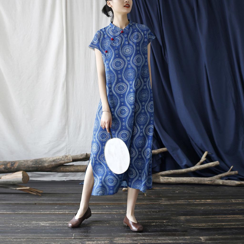 Johnature Vintage Print Floral Dress Stand Short Sleeve Chinese Summer Blue A-Line Button Dress