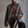Damen Leopard Strickpullover Locker Vintage Patchwork Oberteil Herbst Winter Dicke Oberbekleidung