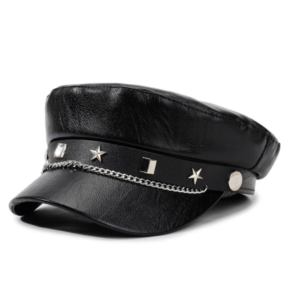 Skórzana czapka typu Baker Boy z metalowym łańcuszkiem Płaska czapka Beret w stylu vintage Czapka do noszenia na co dzień