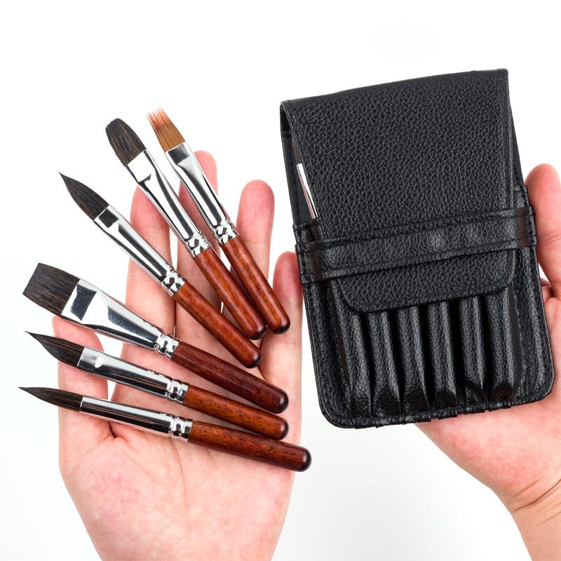 Portable Travel Watercolor Brushes 6 pcs Short Handles Squirrel Paint Brush with PU Bag for Watercolor Painiting Gouache