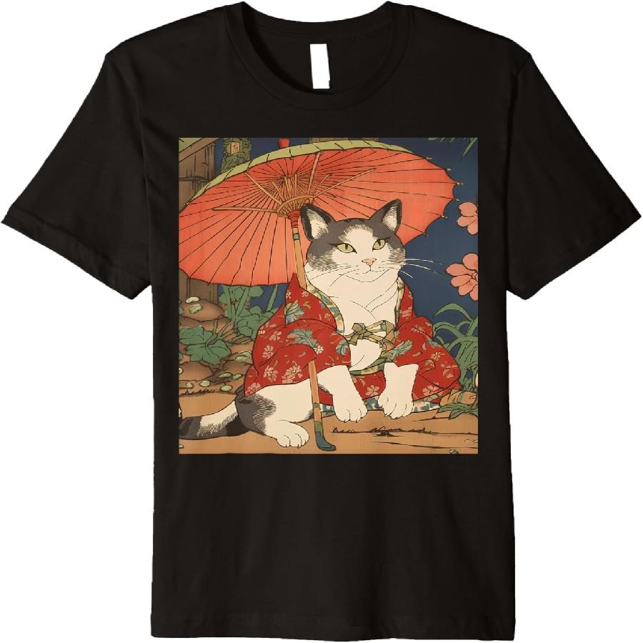 Japanese Retro Geisha Cat Neko Vintage Art Ukiyo-e Premium T-Shirt S