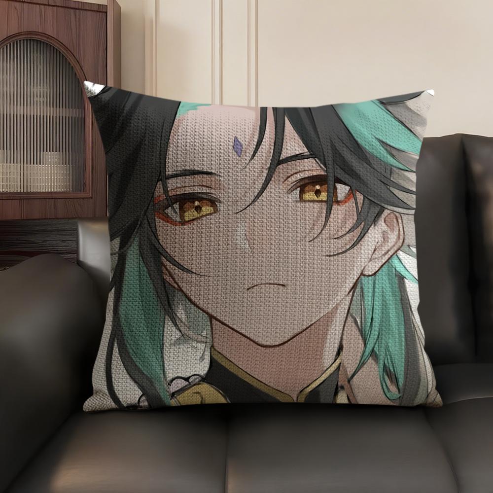 Xiao Genshin Impact Cute Cushion Cover Natural Linen Organic Fabric DoubleSided Printing Sofa Home Decor Gift Pillow Case