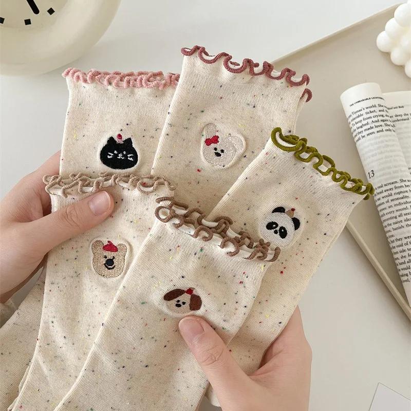 Cartoon Bear Embroidery Cute Socks Sweet Girls Lolita Kawaii Ruffle Socks Japanese Fashion Harajuku Retro Streetwear Women Socks