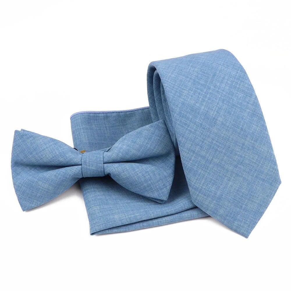 Men Fashion Solid Color Cotton Tie Bowtie Handkerchief Set Wedding Party Butterfly Necktie