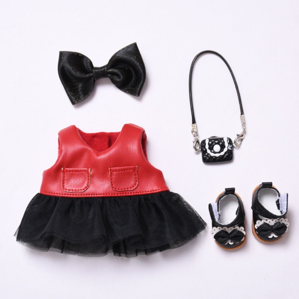 Red Leather Jacket Sitting Labubu Time Cloth 17cm Plush Dolls Clothes  Cotton Doll Accessories