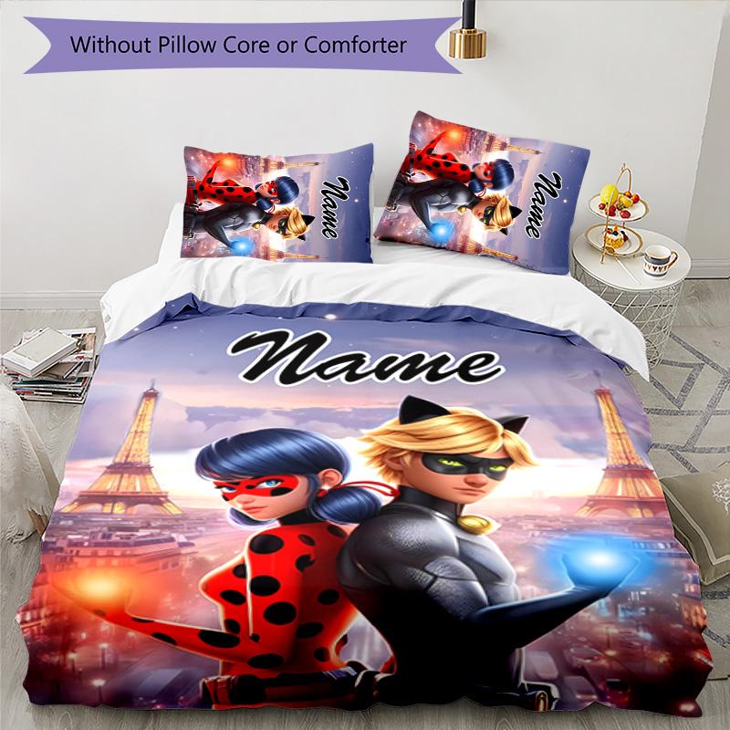3pcs Ladybug4 Cover Set - Personalized Name, HD Printed Bedding with 1 Cover and 2 Pillowcases - Perfect for Home Decor, Easy Care