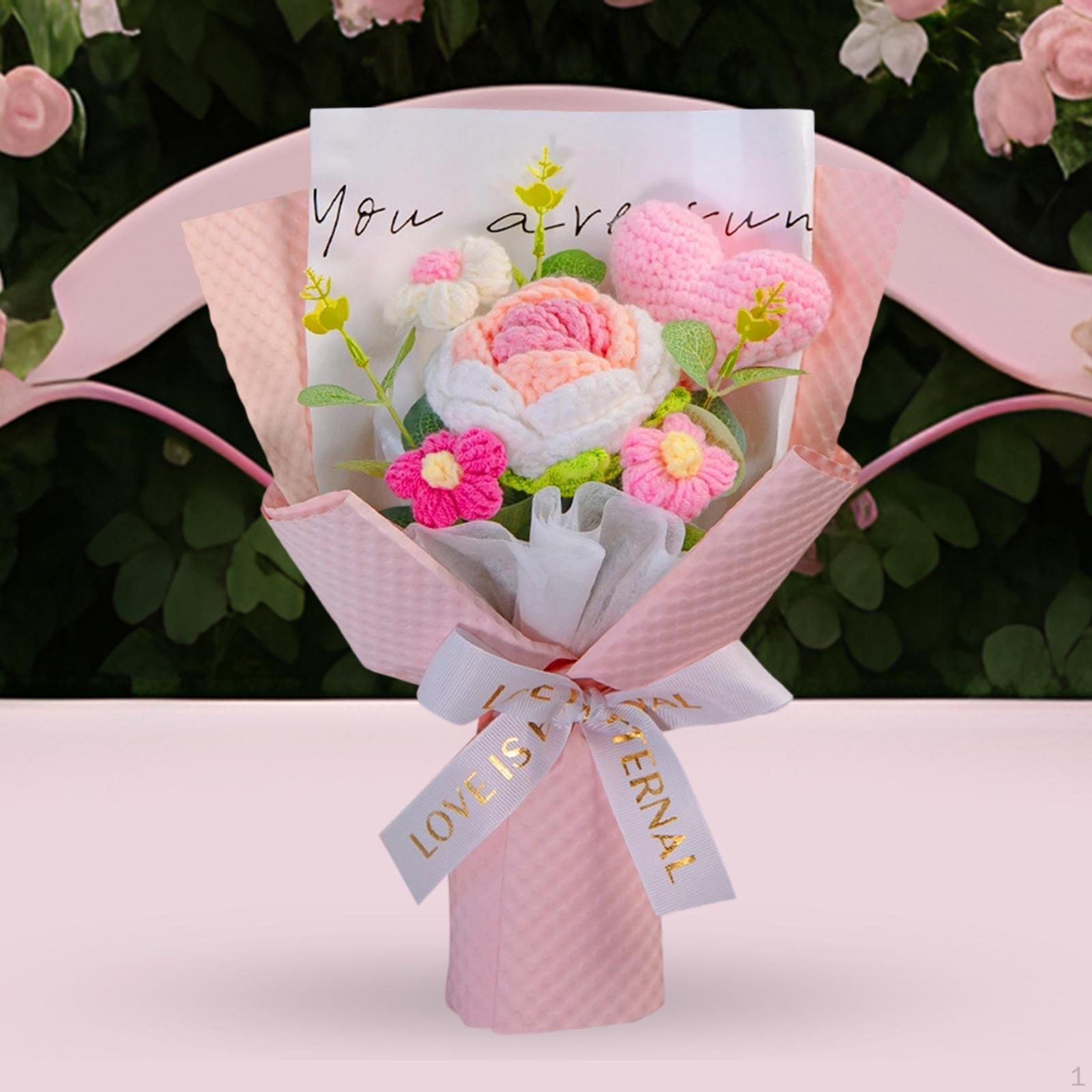 Completed Crochet Flower Bouquet Rose Floral Arrangements Decorative Artificial Flowers розовый