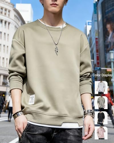 [foveitaa] Men's T-Shirt, Long Sleeve Hoodie, Loose Fit, Pullover Sweatshirt, Casual, Stylish, Plus Sizes, Spring/Autumn Wear, Green, Size L