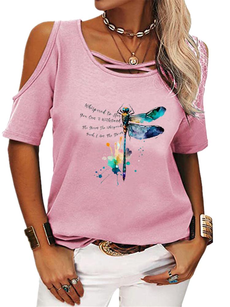 Damski Modny T-shirt z Krótkim Rękawem Casualowy Okrągły Dekolt Letnia Koszulka z Nadrukiem Top Odkryty z Ramion