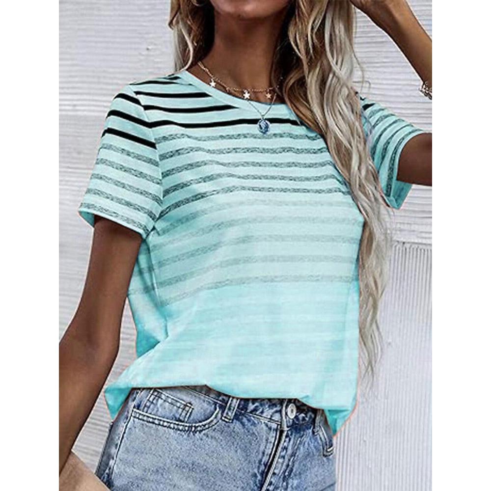 Women's T Shirt Casual Striped Print Short Sleeve Regular Tops Crew Neck Daily Pink Blue Purple Summer