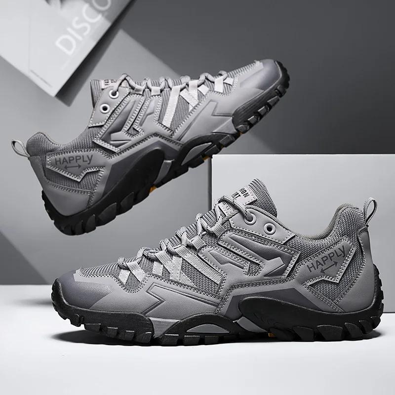 Fashion High Quality Fashion Leather Hiking Shoes Durable Outdoor Sport Men Trekking Leather Shoes Lace-Up Climbing Hunting Sneakers