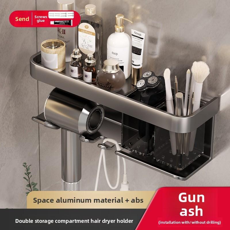 Plastic Aluminum Wall Mount Hair Dryer Holder With No Drill Design For Bathroom Organization