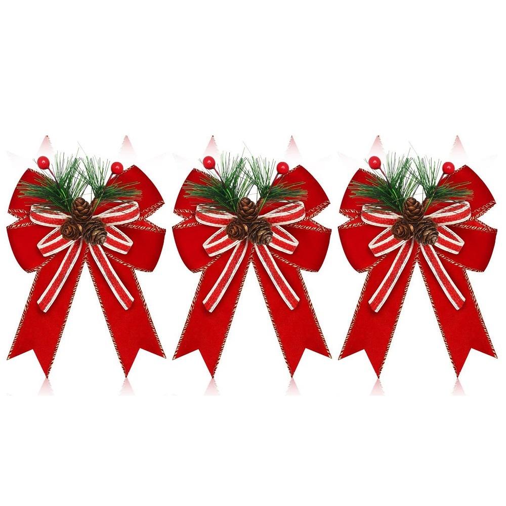 3 Pcs Christmas Burlap Plaid Bow with Pine Cones Pine Needles Xmas Checkered Ribbon Bow for Christmas Indoor Outdoor Farmhouse