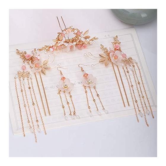 Ancient Chinese Hanfu Hair Accessories Set - Elegant Hairpins, Comb, Earrings, Necklace for Cosplay, Wedding, Photography - Retro Golden Alloy
