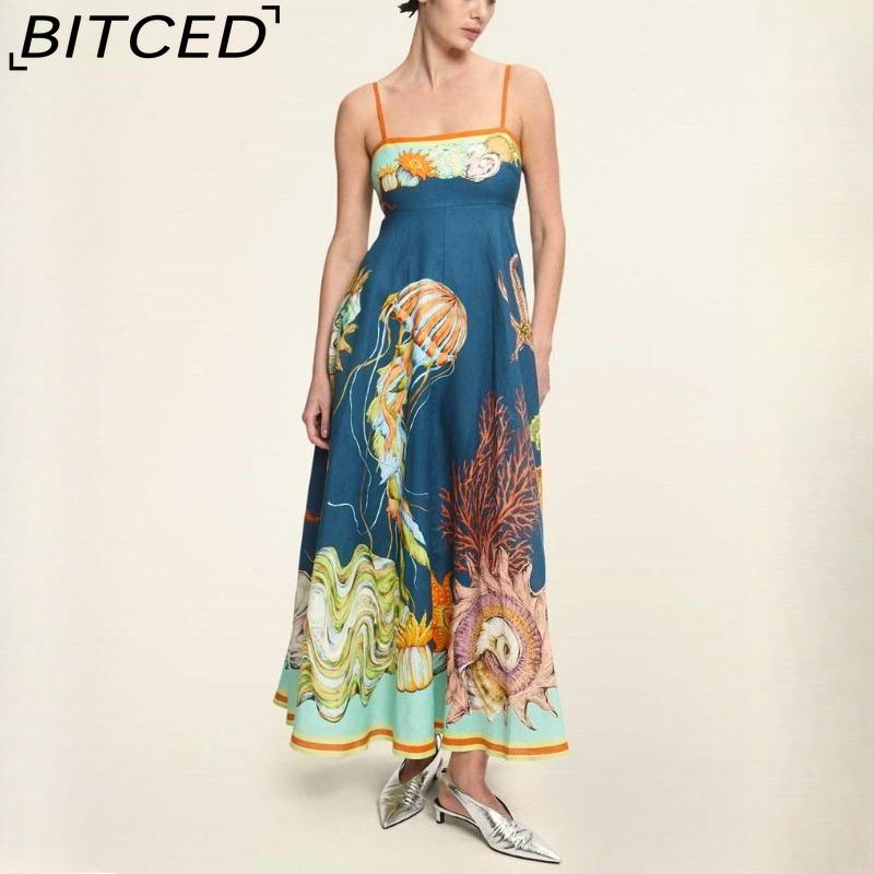 BITCED Spring/Summer Casual Maxi Dress for Women Spaghetti Strap Printed Linen 9 Colors Full-Skirted Dress