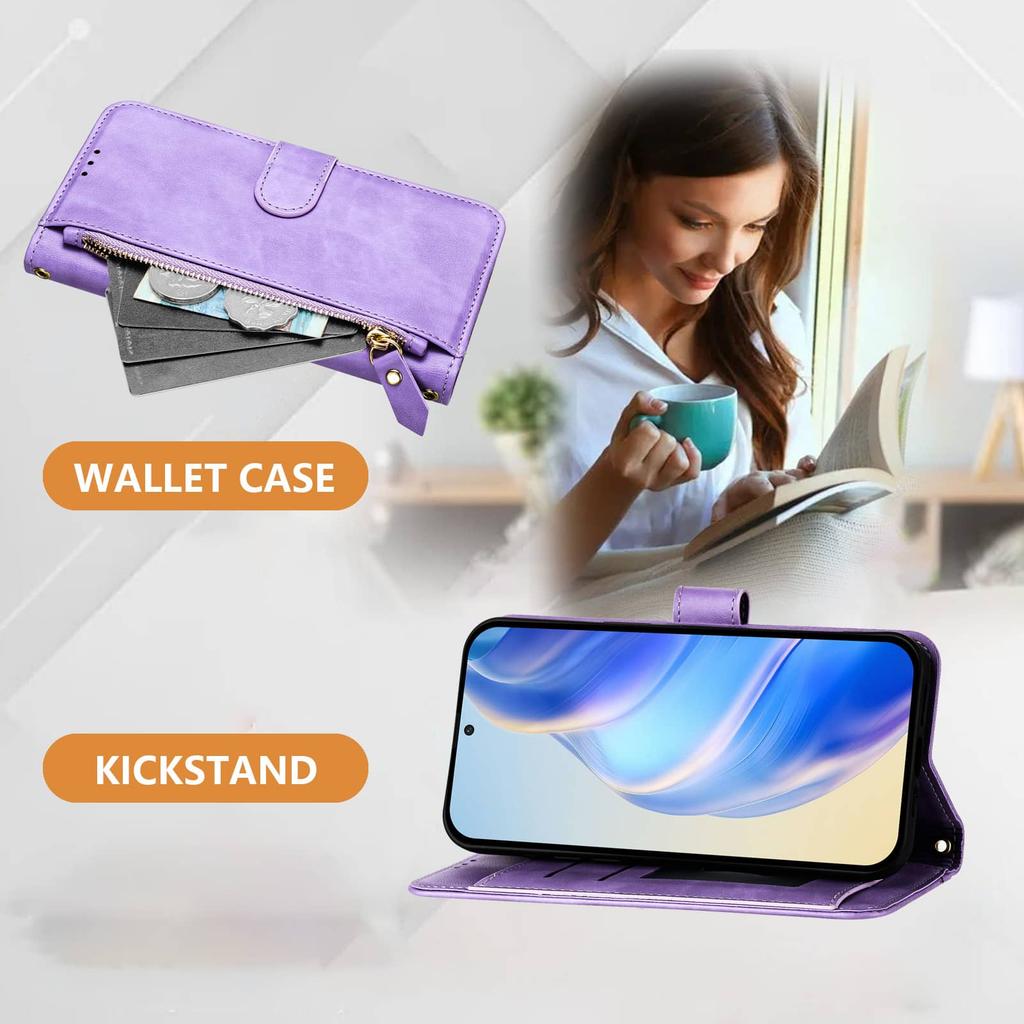 For Samsung Galaxy A15 A16 A25 A26 A32 A36 A53 A56 A73 Wallet Case with Card Slot Zipper Flip Folio with Lanyard Strap Kickstand