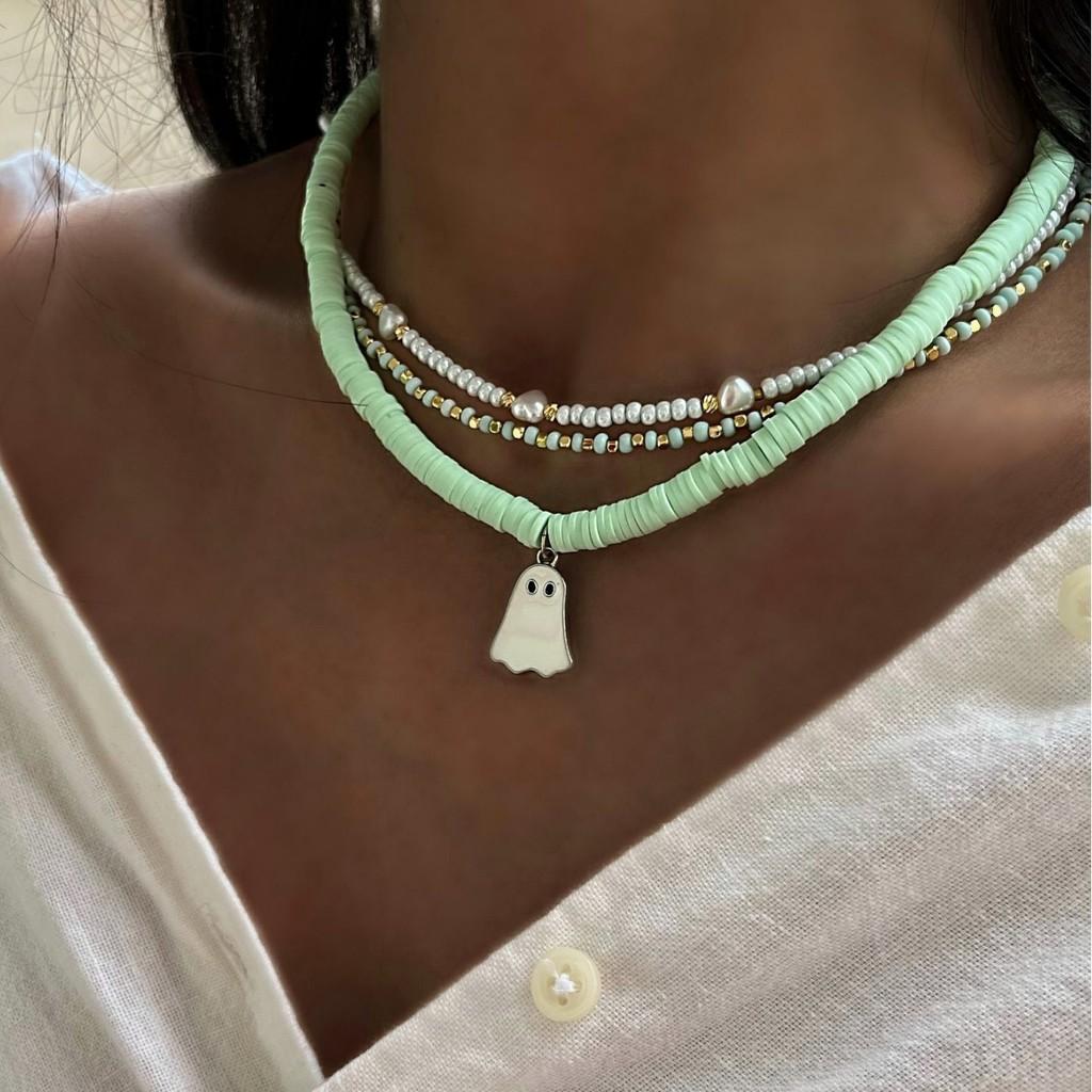 Halloween Hängsmycke Halsband Med Tecknade Spökpärlor Och Flerlagersdesign För Kvinnor