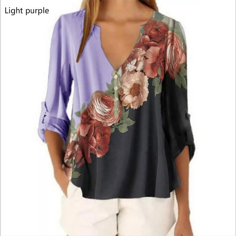 Women's V-neck Floral Print Shirt Top Chiffon Shirt
