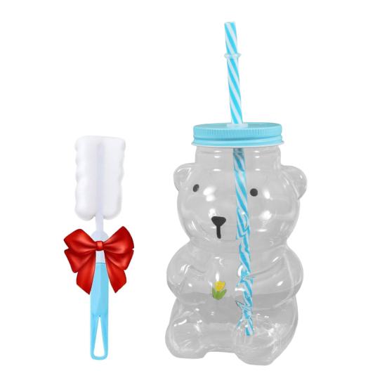 Medvědí skleněný pohár s víčkem a brčkem Opakovaně použitelný medvědí brčkový pohár Roztomilý skleněný tumbler na kávu, pivo, víno, koktejl