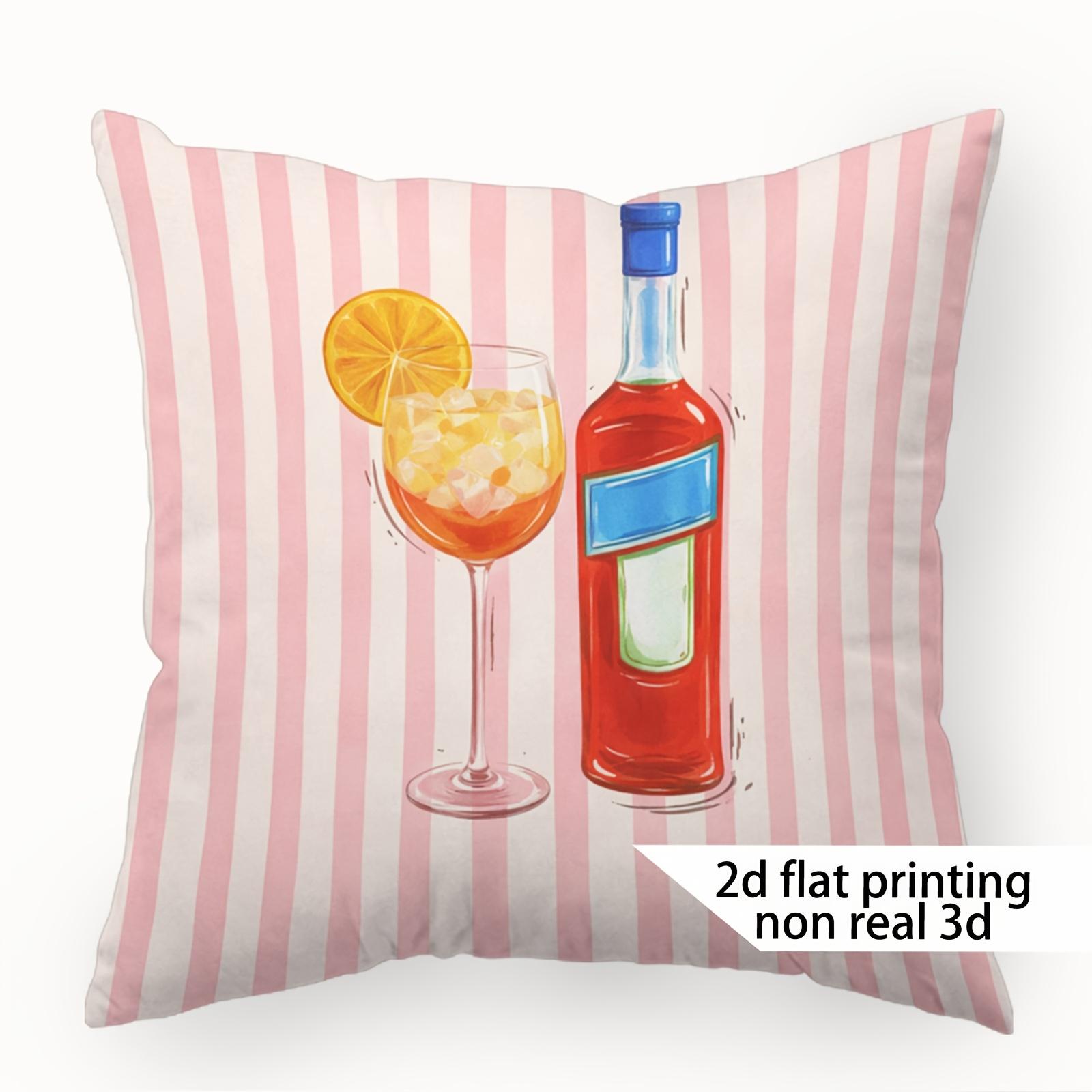 Cocktail Drank Kussenhoes Zomerfeest Kussensloop met Wijnfles en Sinaasappelschijfje Roze Gestreept Woondecoratie 60x60cm