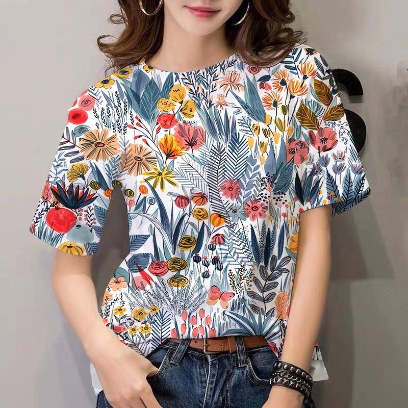 Letní dámské tričko s kulatým výstřihem, květinovým vzorem a 3D potiskem, módní, ležérní, s krátkým rukávem