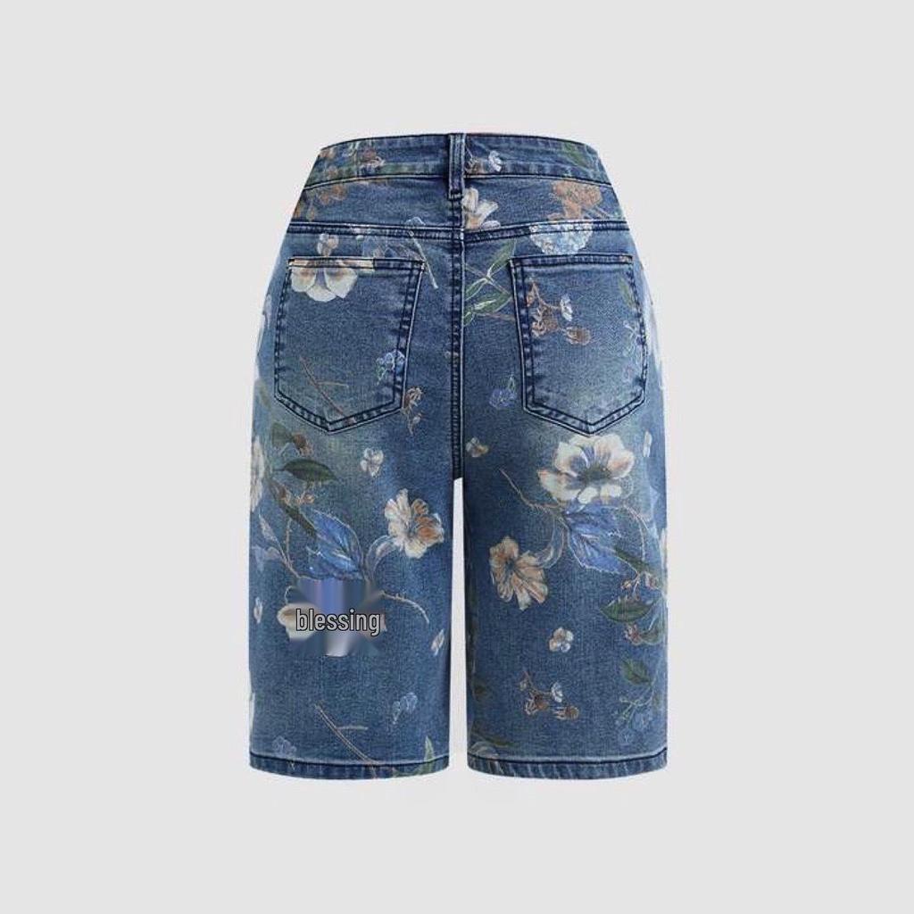 Cross2026 Florale High-Waist Wide-Leg Denim Capris für Damen