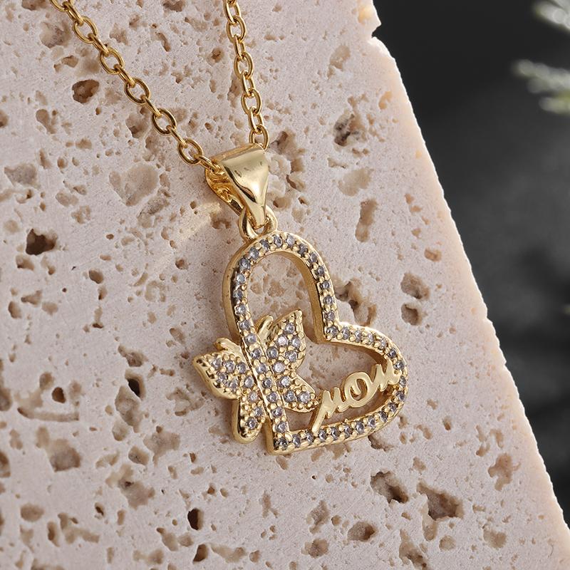 Women's Fashion Butterfly Letter Design Heart Shape Zircon Pendant Necklace Creative Romantic Sweet Casual Gift