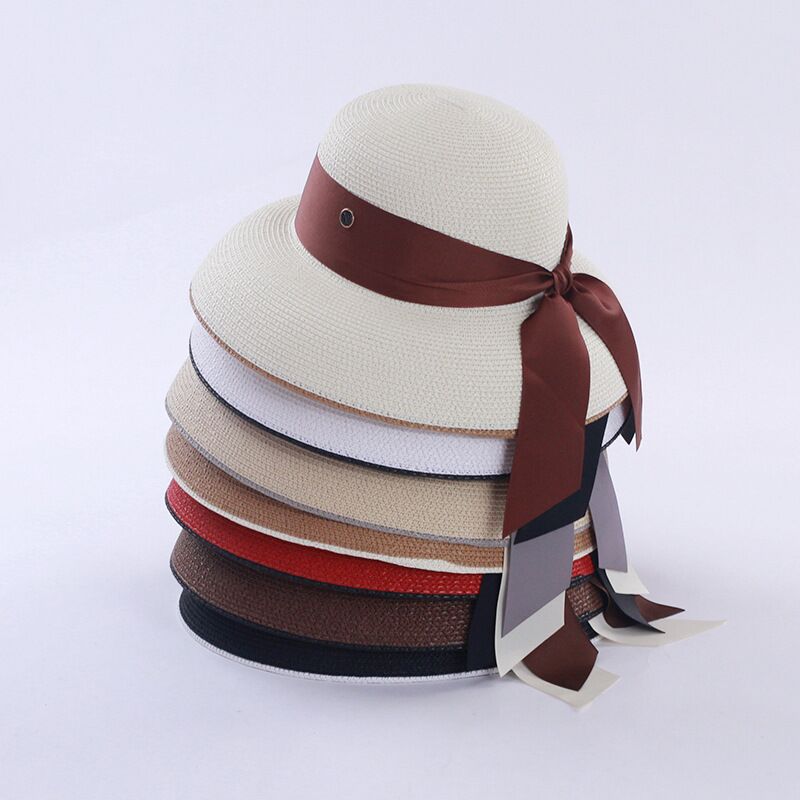 Retro French Hepburn Straw Hat Bow Female Summer Seaside Big Brim Sun Protection Shade Travel Vacation Leisure Wild Brim Beach H