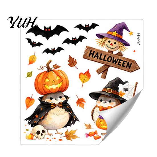 DIY Wall Mural for Kids Room Cartoon Halloween Sticker, Self Adhesive PVC Removable Decal, Wizard Decals Birds Scarecrows Jack-o-lanterns Pattern