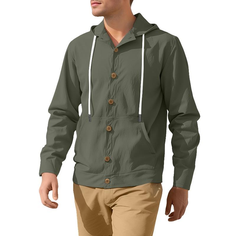 Herren Frühling Herbst Button-Down-Hemd, Lockere Baumwoll-Leinen Kapuzenjacke Langarm, Einfache Lässige Strand-Oberbekleidung