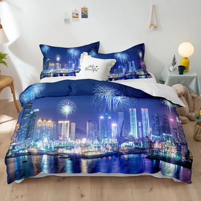 Blue Fireworks Duvet Cover Set 3D Romantic Theme Beautiful City Night New Year Festival Accessories for Kids Teens Bedroom Decor
