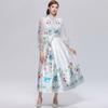 Wunderschönes Blumenwickel-Langarmkleid Damen V-Ausschnitt Laternenärmel Chiffon-Patchwork Dickes Satin-Band-Schnürgürtel Partykleid