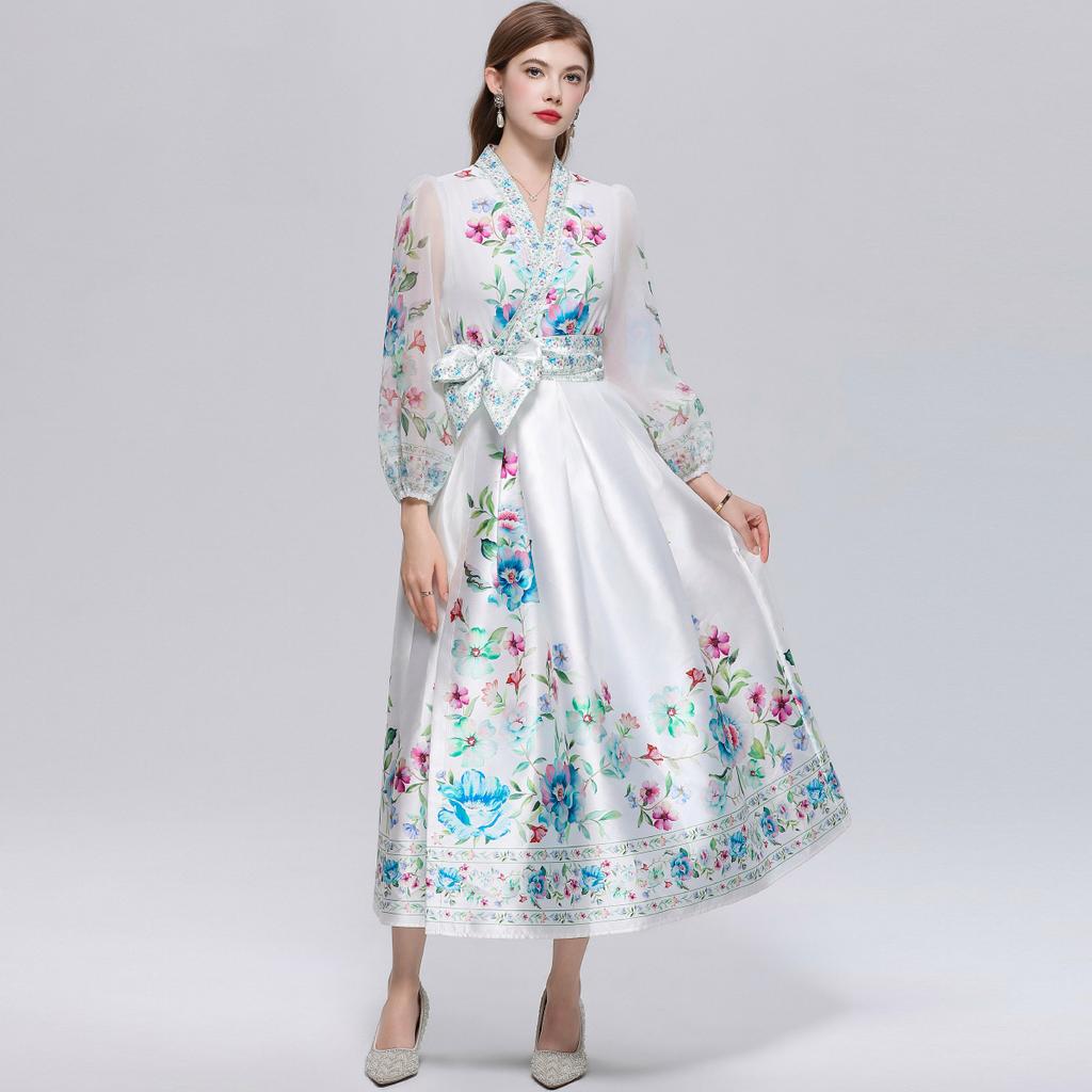 Wunderschönes Blumenwickel-Langarmkleid Damen V-Ausschnitt Laternenärmel Chiffon-Patchwork Dickes Satin-Band-Schnürgürtel Partykleid
