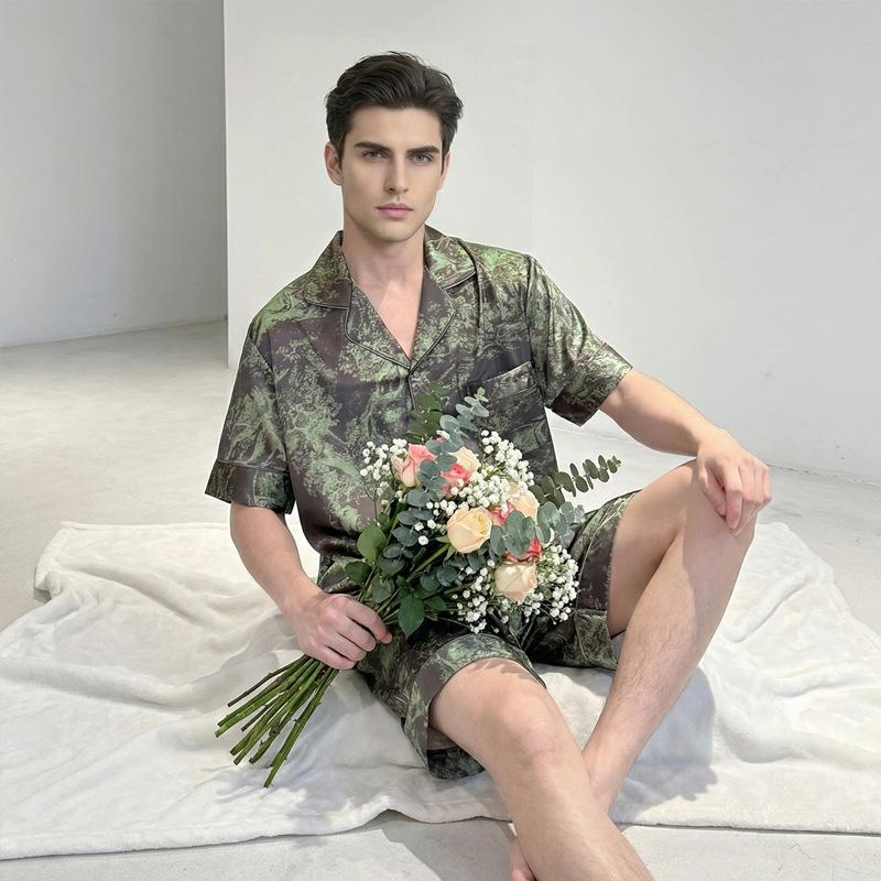 Simulation silk couple pajamas set men's and women's summer short-sleeved shorts home loose ice silk loungewear