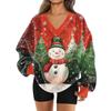 Women's Fashionable V-neck Christmas Printed Long Sleeved Casual Pullover Plush Warm Sweatshirt Top