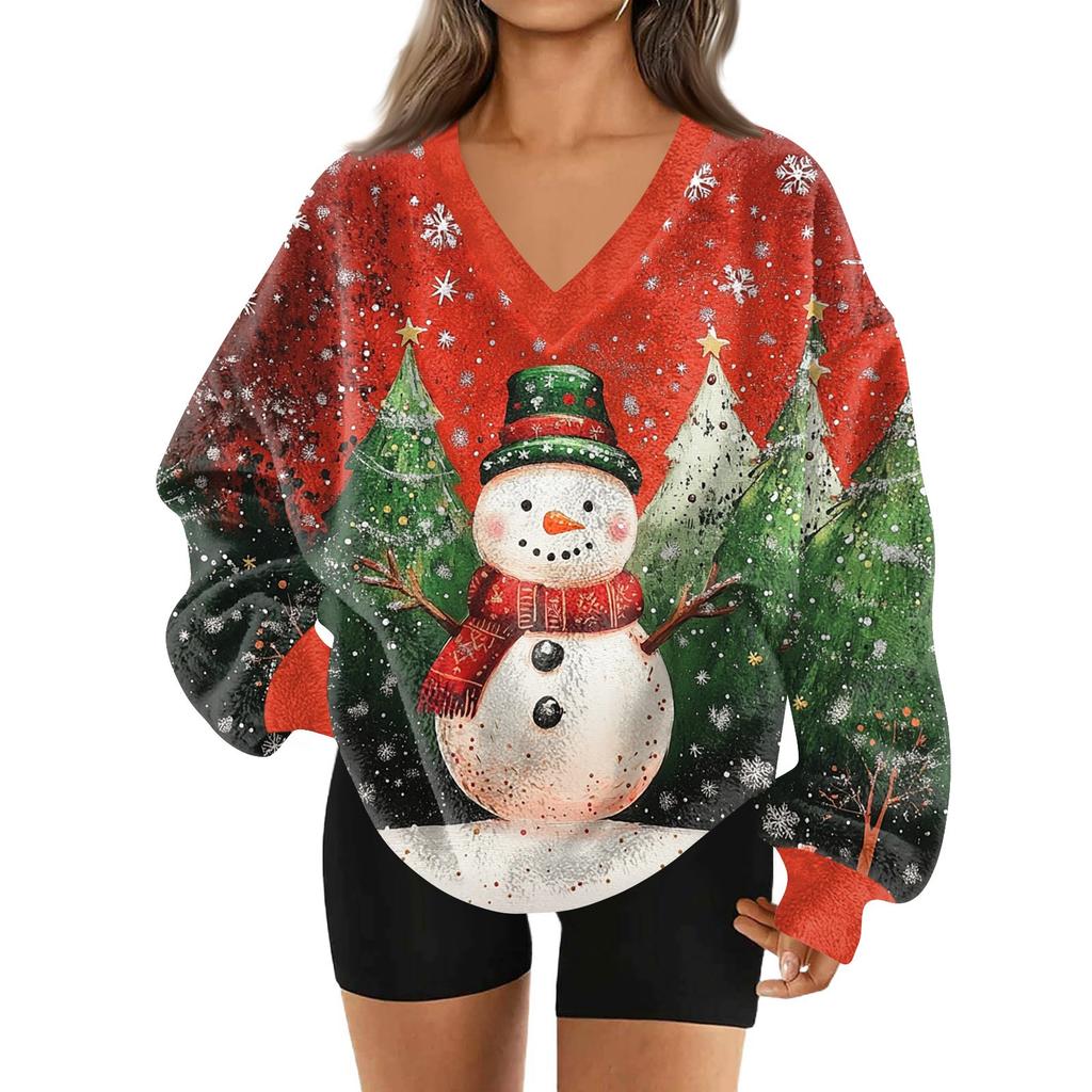 Women's Fashionable V-neck Christmas Printed Long Sleeved Casual Pullover Plush Warm Sweatshirt Top