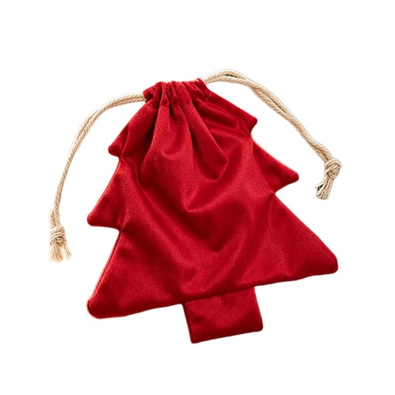 Soft Fabric Christmas Treat Bag Tree Ornament with Pull Cord Opening for Small Gifts and Holiday Table Display