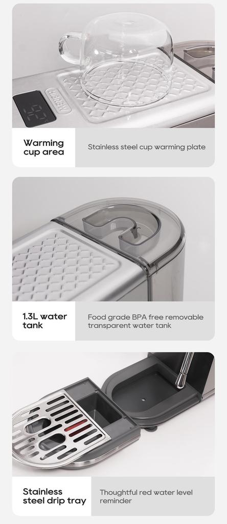 HiBREW H10B Espresso Coffee Machine, 20Bar Extraction Pressure, Semi-Automatic, Adjustable Temperature & Cup Volume, 1.3L Removable Water Tank, Silver