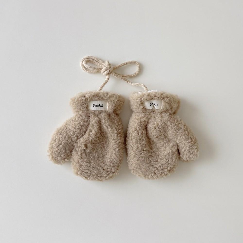 1 Pair Warm Windproof Winter Mittens Thickened Lamb Velvet Hanging Neck Gloves Boys Girls