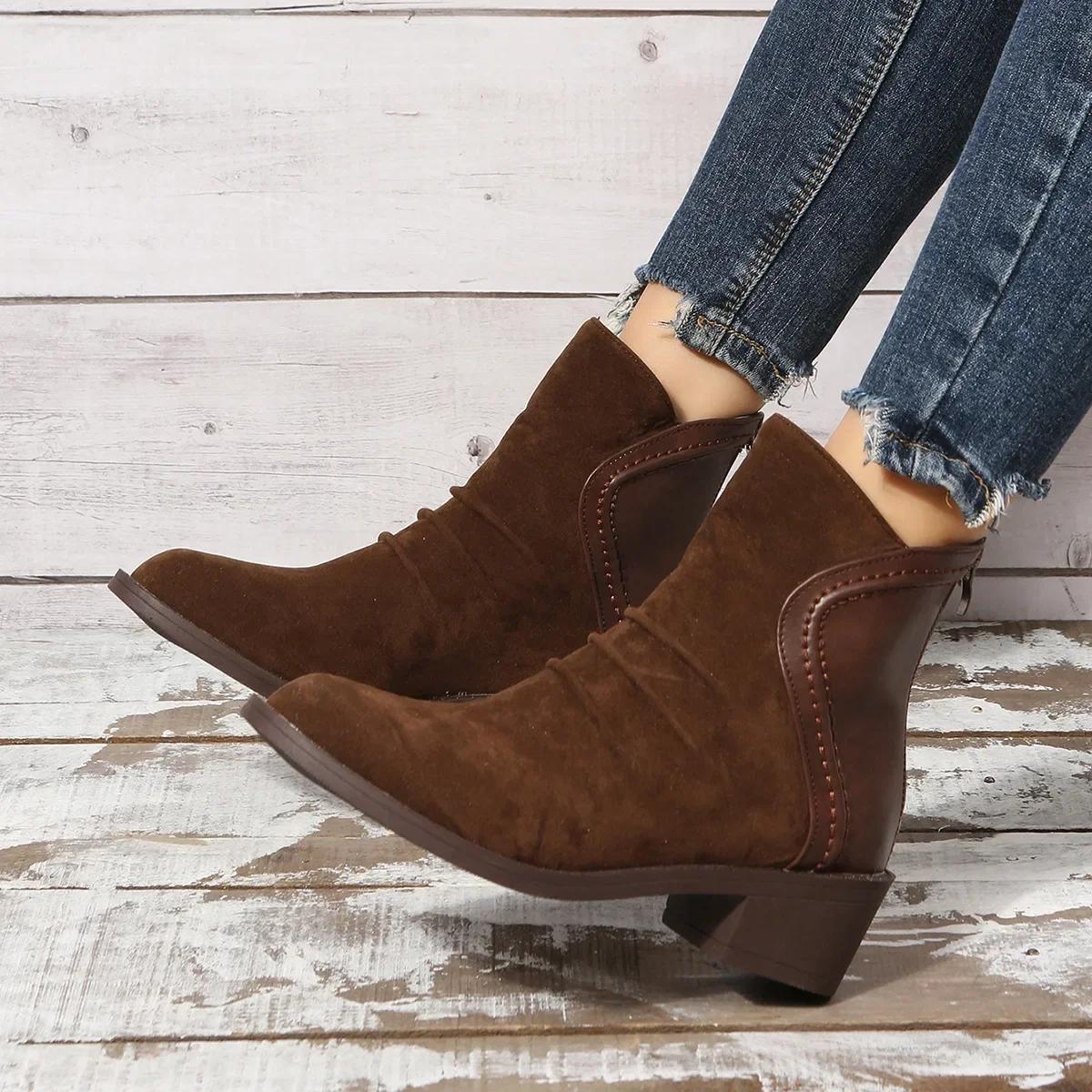 

Женские ботильоны, винтажная женская обувь, зимние короткие сапоги из коровьей замши, молнии сзади, туфли на низком каблуке, коричневые плиссированные ботинки 2024 35 темно-коричневого