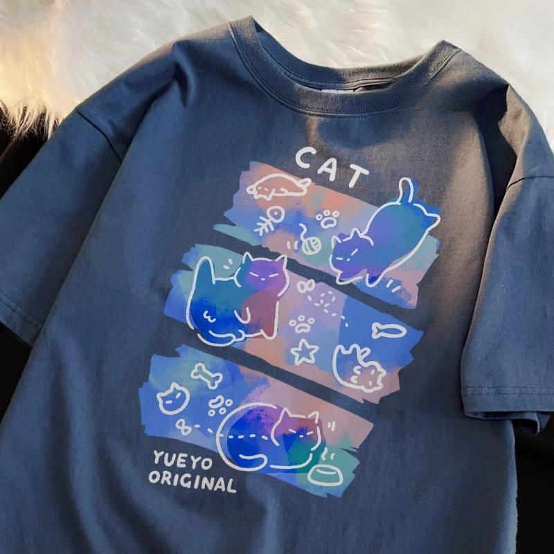 2026 New Summer Unisexs Tshirt 100 Pure Cotton Printed With A Three Cats Pattern Versatile Trendy Loosefit And Stylish