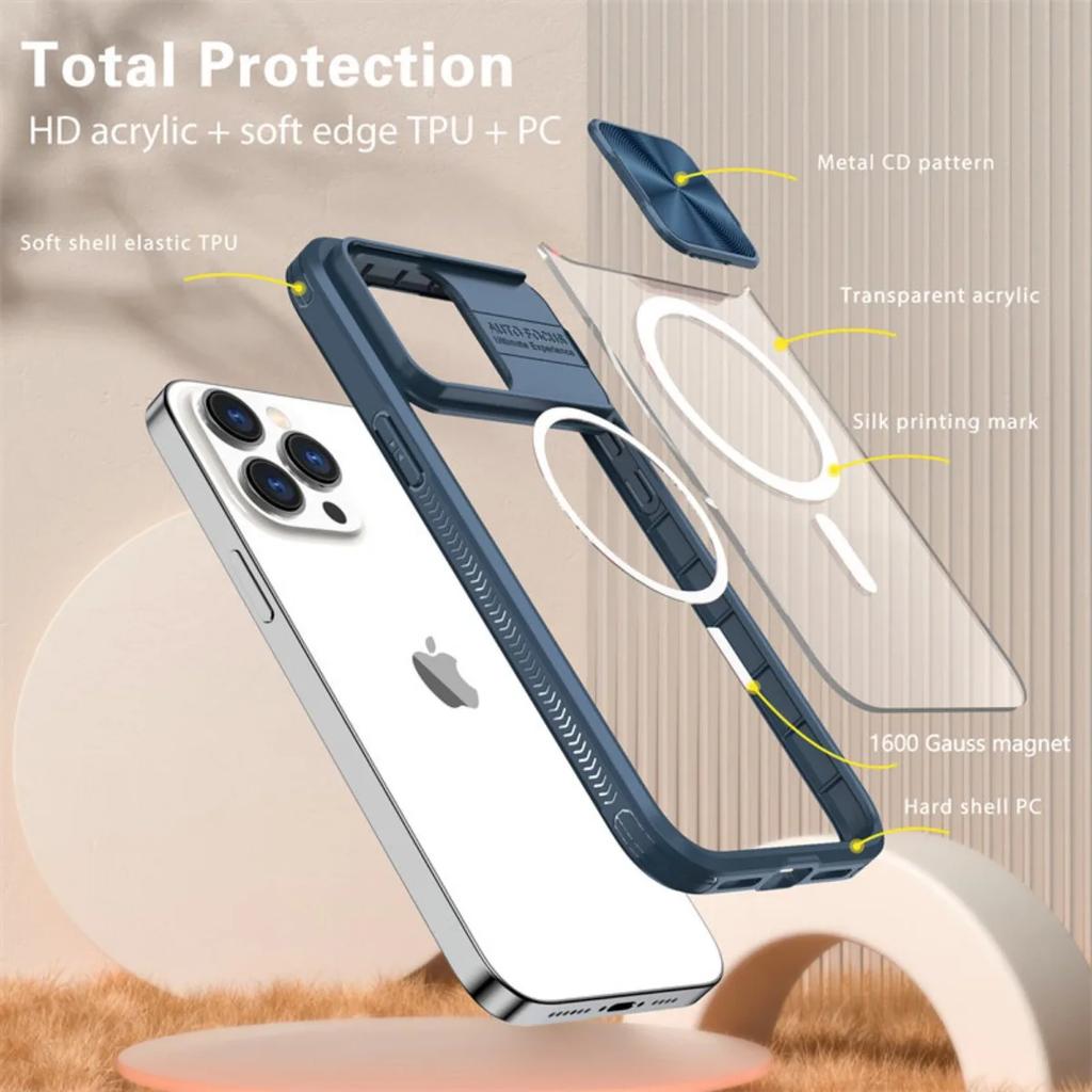 Slide Camera Lens Protector Armor Case For iPhone 15 13 14 Plus 11 12 Pro Max For Magsafe Shockproof Armor Bumpers Clear Cover