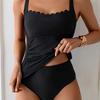 2026 New Black Split Conservative Swimsuit To Cover The Belly and Look Thin, with Wavy Edges On The Chest and Shoulders. Women's Swimsuit Split Type