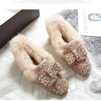 Große Größe Kristallperlen Pelz Mokassins Damen Winterschuhe eckige Zehen warm Plüsch Slipper weiblich Glitzer Perle Nerzpelz Ballerinas