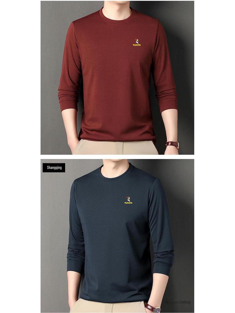 Woodpecker Men's Cotton Long-Sleeve T-Shirt for Midlife and Older - Spring/Autumn Base Layer