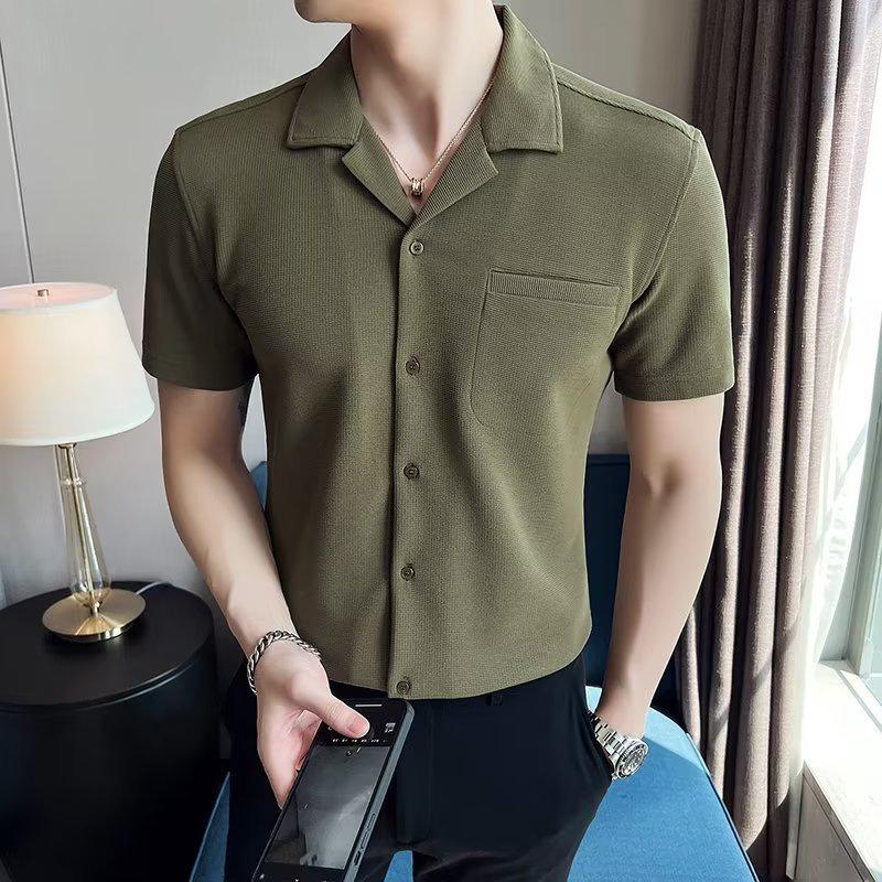 Men's Ice Silk Waffle Cuban Collar Short Sleeve Shirt - Lightweight Summer Casual Top